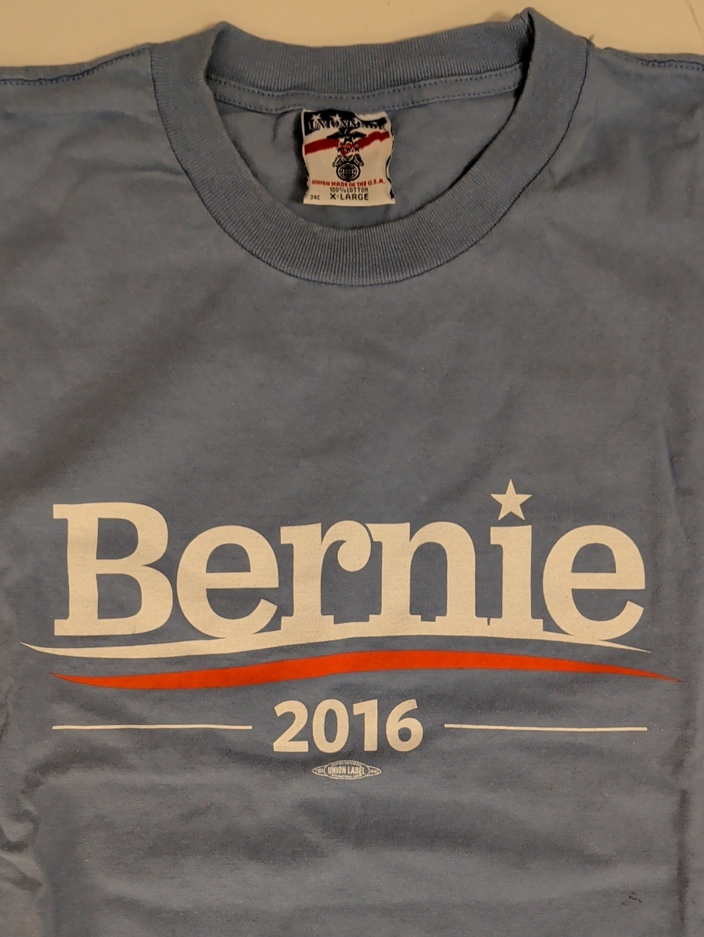 Bernie 2016 Campaign Tee Unisex 100% Cotton USA Made Blue w White & Red Graphic